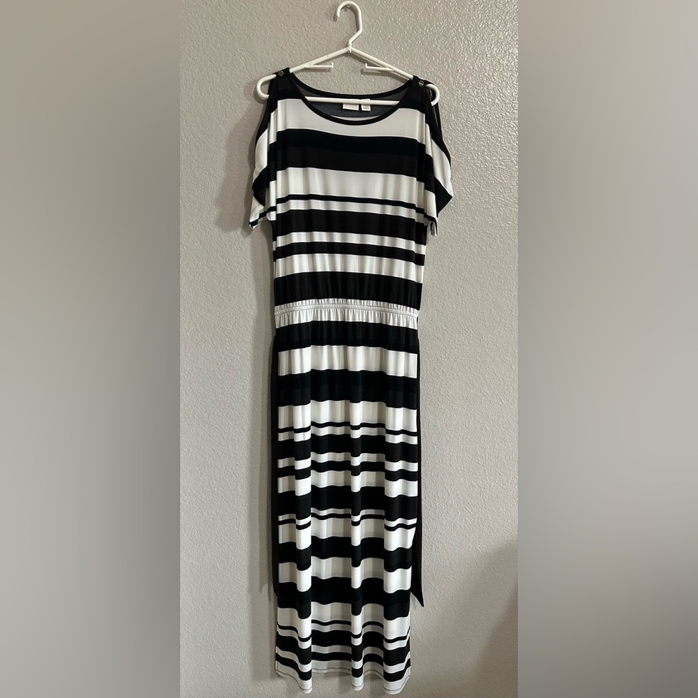 CHICO’S Black/Brown/White Stripe Short Sleeve Maxi Dress Size 1